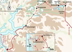 Karte der Trekkingreise in Norwegen: Von Oslo zum Jotunheimen Nationalpark, weiter zum Sognefjord und per Boot nach Bergen.