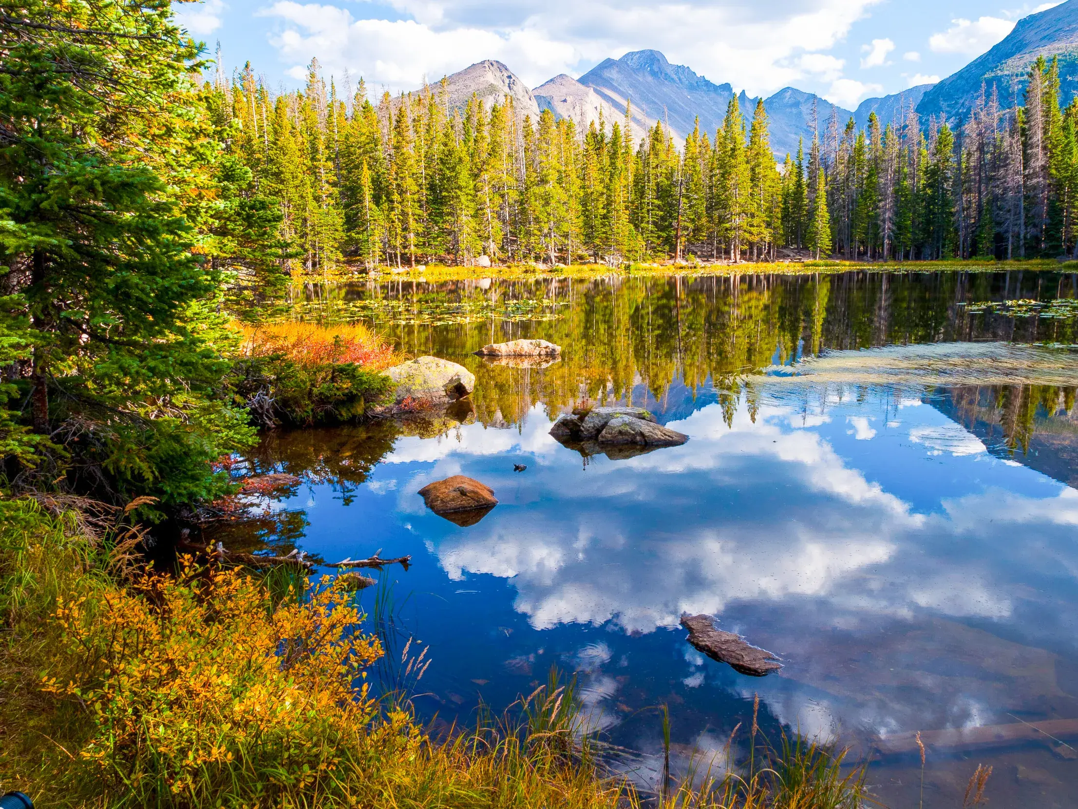 Spiegelglatter Bergsee in den kanadischen Rocky Mountains, umgeben von Nadelwäldern und hohen Gipfeln auf einer Wanderreise.