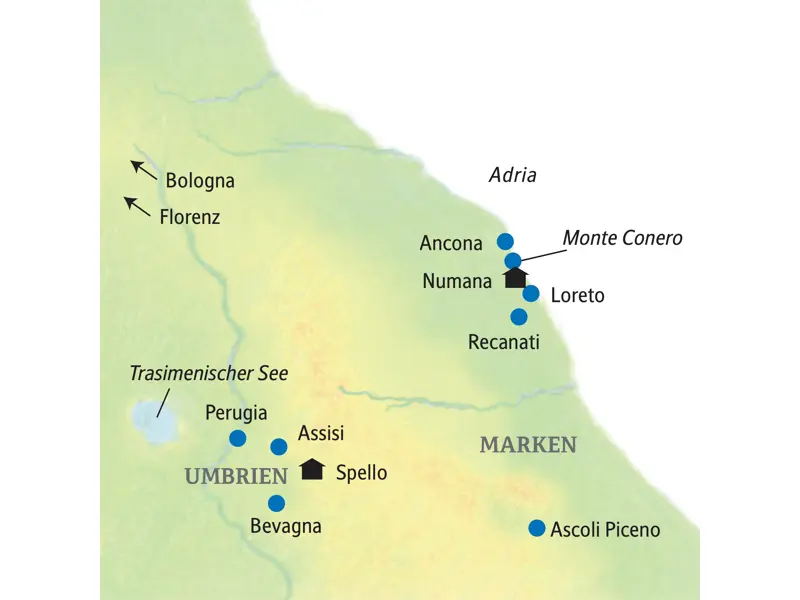 Karte der Studiosus Studienreise in Umbrien und den Marken. Die Route führt von Spello über Perugia und Assisi bis nach Ancona.