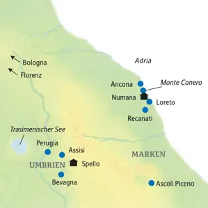 Karte der Studiosus Studienreise in Umbrien und den Marken. Die Route führt von Spello über Perugia und Assisi bis nach Ancona.
