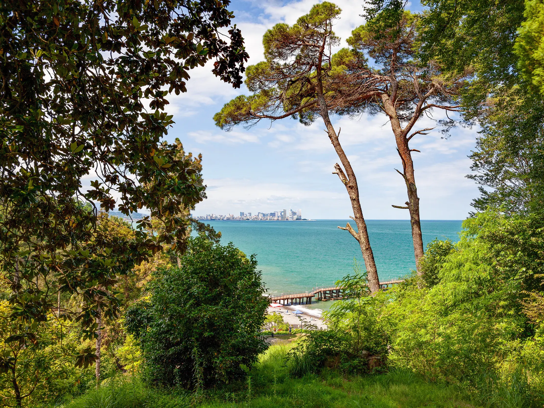 Aussicht vom Botanischen Garten in Batumi über die üppige Vegetation auf das Schwarze Meer und die moderne Skyline der Stadt.