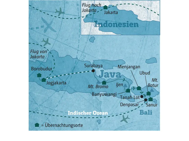 Karte der Rundreise auf Java und Bali: Die Route führt von Jakarta über Borobudur, Jogjakarta, Mt. Bromo und Ubud nach Sanur.