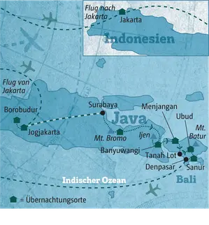 Karte der Rundreise auf Java und Bali: Die Route führt von Jakarta über Borobudur, Jogjakarta, Mt. Bromo und Ubud nach Sanur.