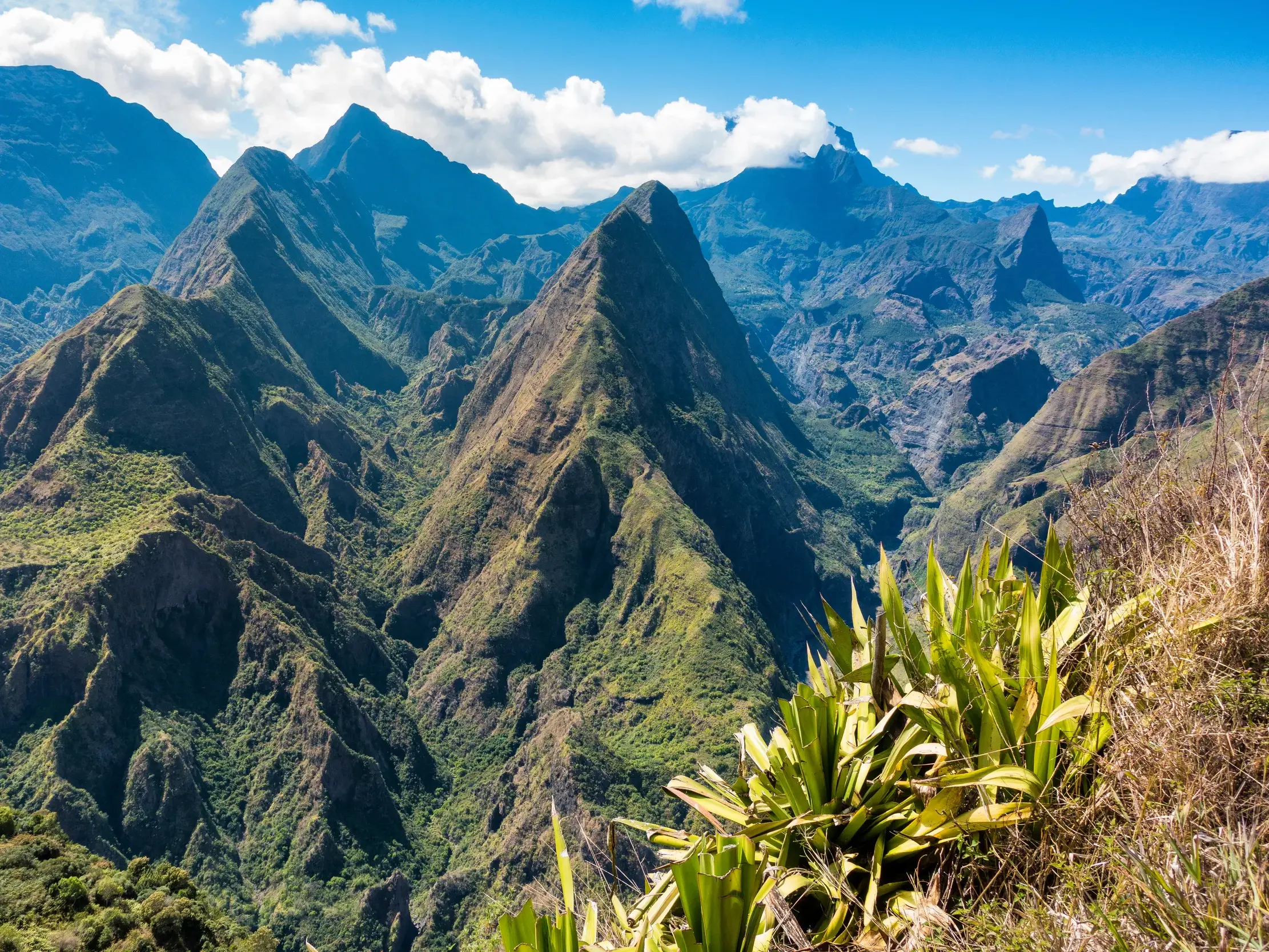 Spektakulärer Ausblick beim Wandern auf die grüne, vulkanische Berglandschaft des Cirque de Mafate auf La Réunion.