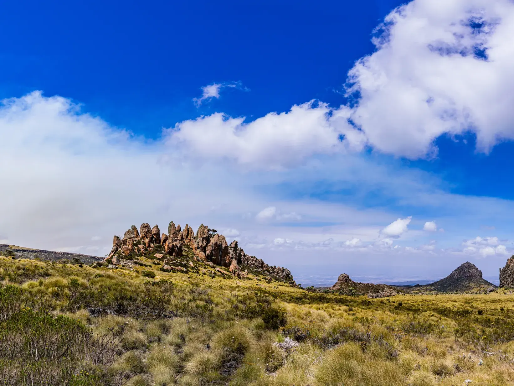 Wanderreise Kenia: Die bizarren Felsen der Drachenzähne ragen aus dem Afro-Alpine-Moorland im Aberdare-Nationalpark.