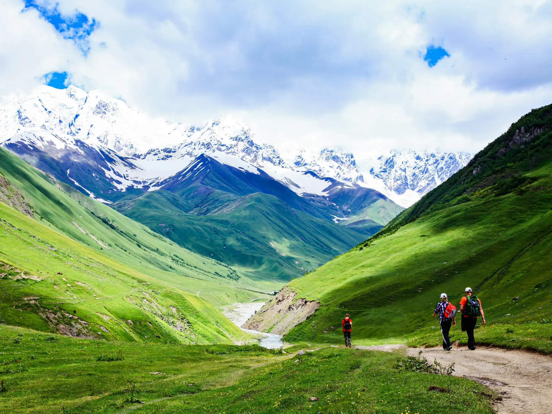 Eine kleine Reisegruppe beim Trekking auf einem Pfad in einem grünen Tal in Swanetien mit Blick auf den Schchara-Gletscher.