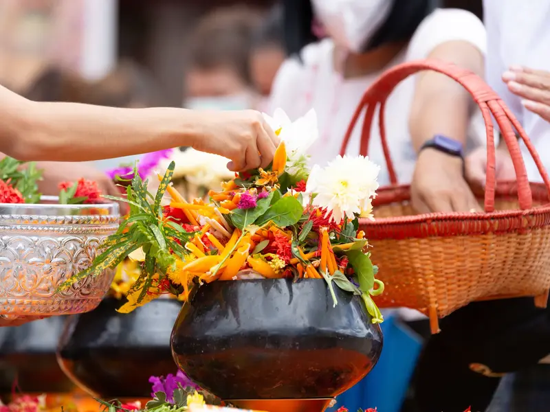 Nahaufnahme von Händen, die auf einem Markt in Chiang Mai bunte Blumen als Opfergabe für einen Tempel arrangieren.