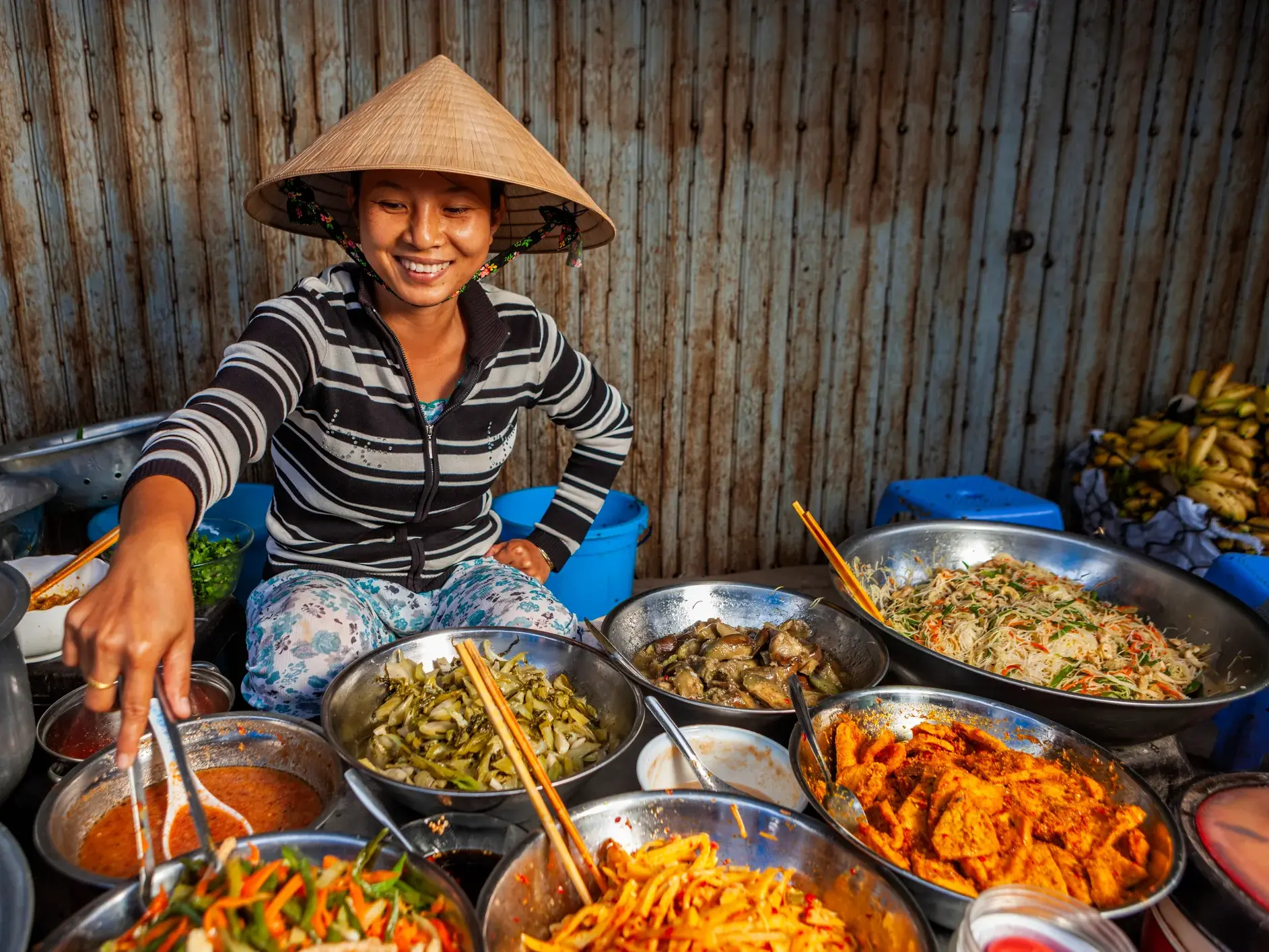 Lächelnde Verkäuferin mit Kegelhut präsentiert an ihrer Garküche in Vietnam eine Vielfalt an landestypischen Speisen.
