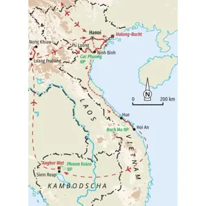 Karte der Wanderreise durch Vietnam, Kambodscha und Laos. Route von Hanoi über Hoi An und Angkor Wat bis Luang Prabang.