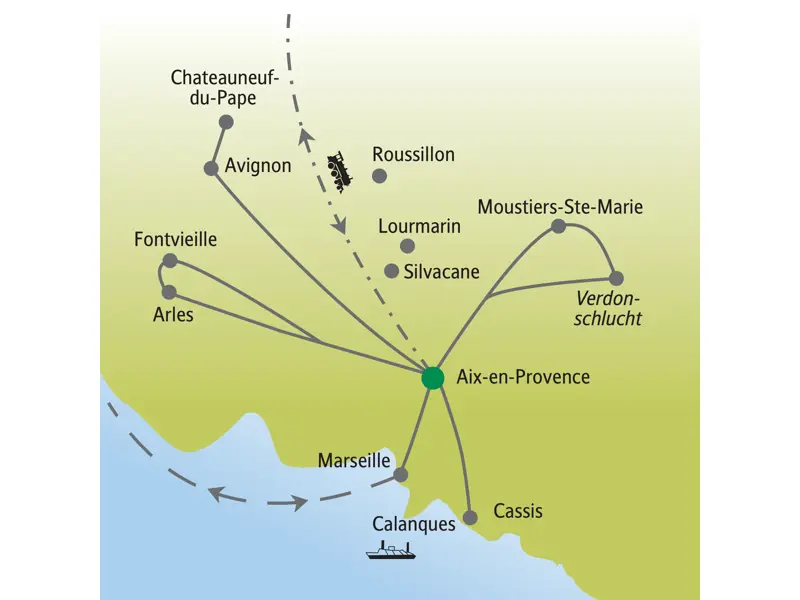 Reiseroute der Studiosus-Studienreise "me&more" für Singles und Alleinreisende in die Provence. Vom Standort Aix-en-Provence nach Avignon, Arles, Cassis und in die Verdonschlucht.