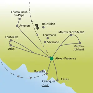 Reiseroute der Studiosus-Studienreise "me&more" für Singles und Alleinreisende in die Provence. Vom Standort Aix-en-Provence nach Avignon, Arles, Cassis und in die Verdonschlucht.