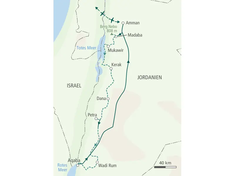 Karte der MTB-Reise in Jordanien. Die Route führt von Madaba über das Tote Meer, Kerak, Petra und Wadi Rum bis nach Aqaba.