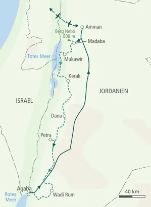 Karte der MTB-Reise in Jordanien. Die Route führt von Madaba über das Tote Meer, Kerak, Petra und Wadi Rum bis nach Aqaba.
