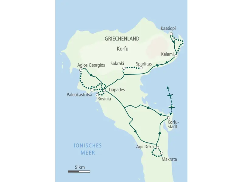 Routenverlauf der Hauser Wanderreise auf Korfu mit Stationen wie Liapades, Paleokastritsa, Sokraki, Kassiopi und Korfu-Stadt.