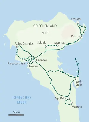 Routenverlauf der Hauser Wanderreise auf Korfu mit Stationen wie Liapades, Paleokastritsa, Sokraki, Kassiopi und Korfu-Stadt.