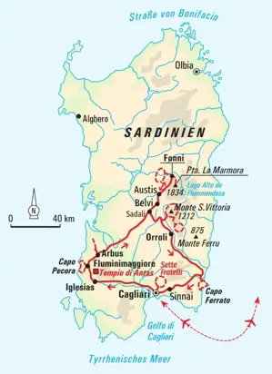 Reiseroute der Hauser Wanderreise in Sardinien, die in Cagliari startet und durch den Süden der Insel zum Capo Ferrato führt.