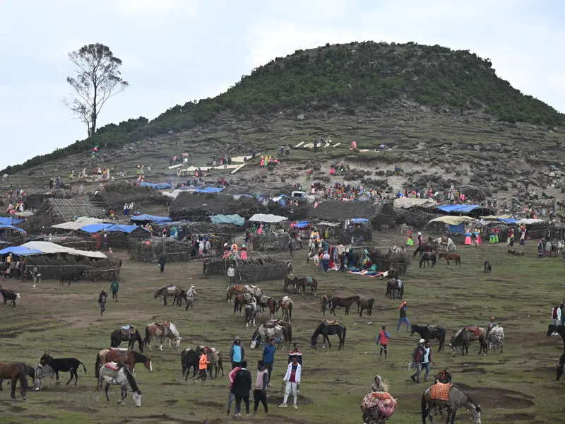 Lebhafter traditioneller Markt der Hamar im Omo-Tal mit Händlern, Besuchern und Tieren am Fuße eines grünen Hügels.