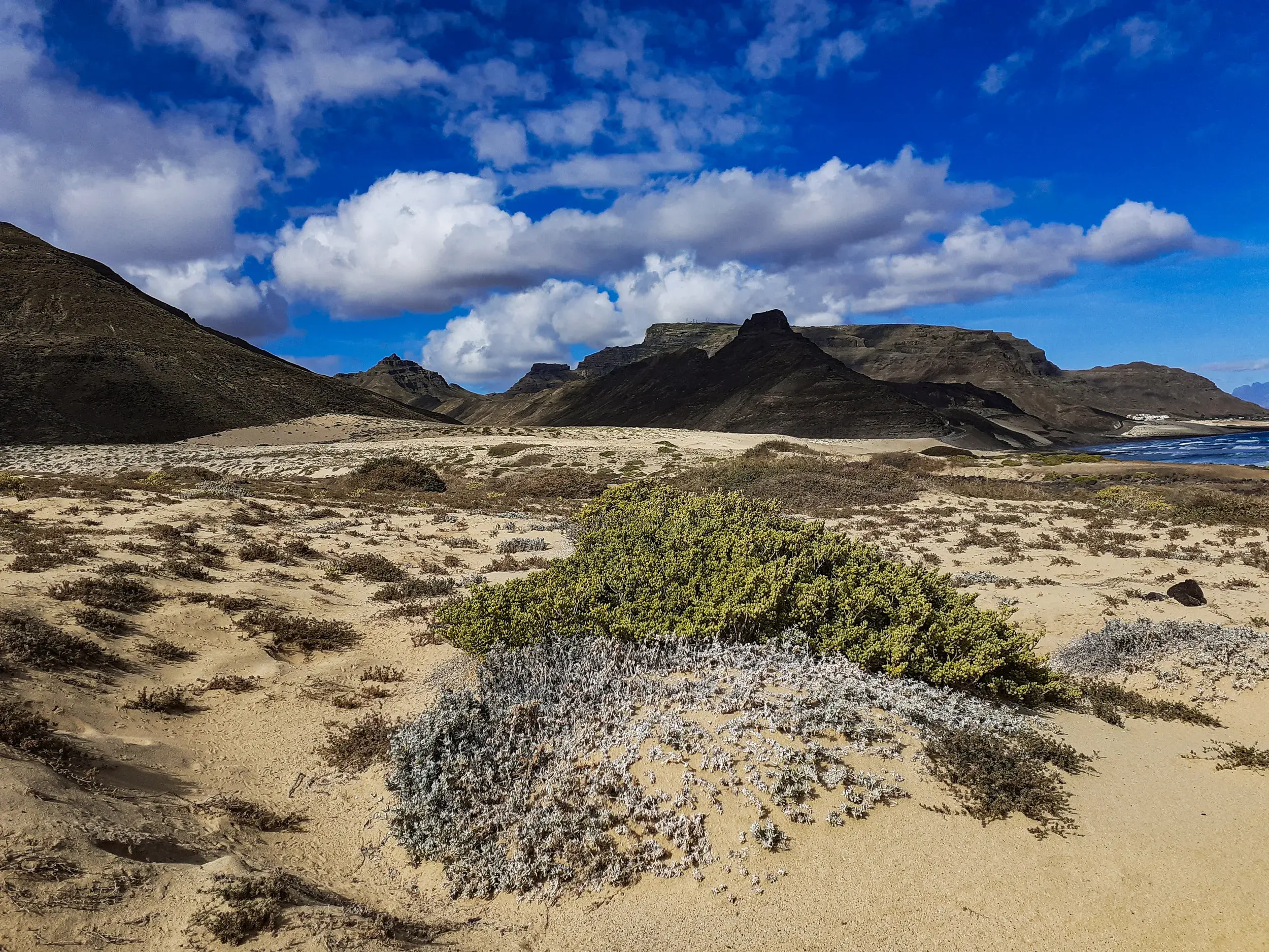 Wanderung auf São Vicente: Weite Dünenlandschaft mit karger Vegetation vor einer Vulkankulisse am Atlantik auf den Kapverden.
