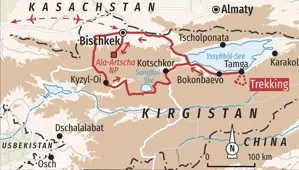 Karte der Trekkingreise in Kirgistan: Route von Bischkek über Kyzyl-Oi zum Songköl-See und Yssykköl-See mit Trekking im Terskej-Alatau.