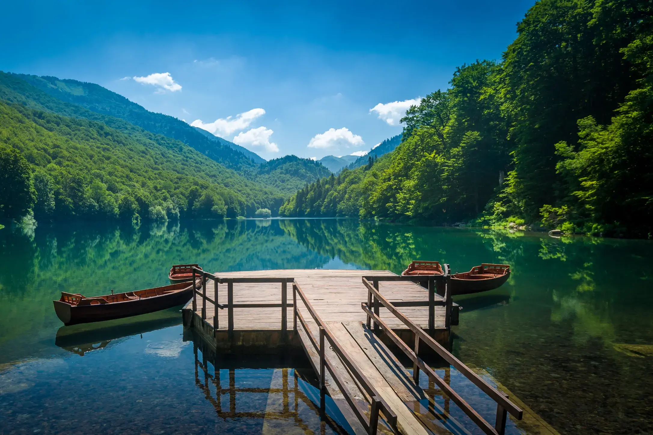 Ein Holzsteg mit Ruderbooten am spiegelglatten Biogradsko See, umgeben von den dichten Wäldern des Nationalparks in Montenegro.