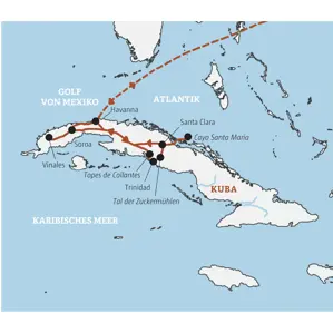 Karte der Kleingruppenreise in Kuba, die von Havanna über Vinales, Trinidad und Santa Clara bis Cayo Santa María führt.