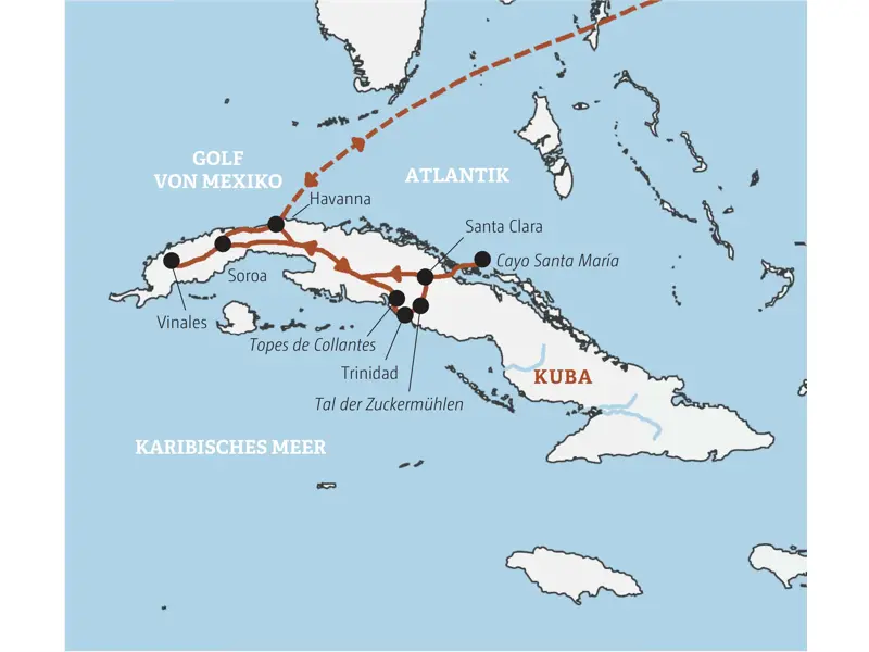 Karte der Kleingruppenreise in Kuba, die von Havanna über Vinales, Trinidad und Santa Clara bis Cayo Santa María führt.