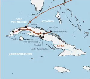 Karte der Kleingruppenreise in Kuba, die von Havanna über Vinales, Trinidad und Santa Clara bis Cayo Santa María führt.