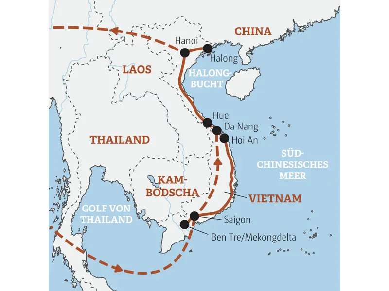 Karte der Marco Polo Rundreise in Vietnam: Route von Saigon über Hoi An und Hue zur Halongbucht und nach Hanoi.