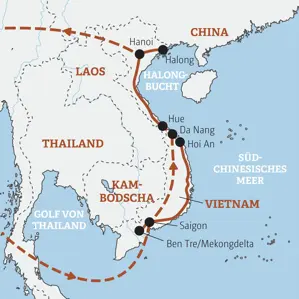 Karte der Marco Polo Rundreise in Vietnam: Route von Saigon über Hoi An und Hue zur Halongbucht und nach Hanoi.