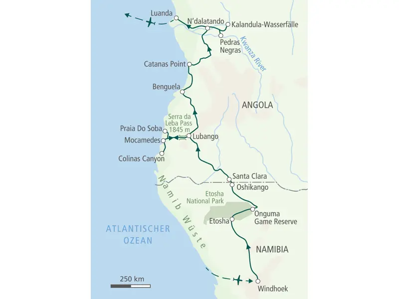 Karte der Reiseroute für die Trekkingreise in Namibia und Angola, von Windhoek über den Etosha Nationalpark nach Luanda.