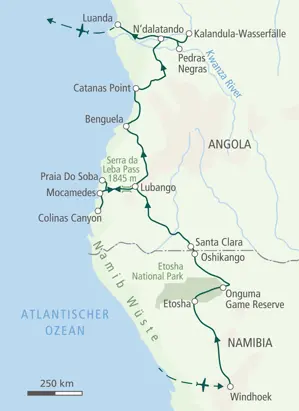 Karte der Reiseroute für die Trekkingreise in Namibia und Angola, von Windhoek über den Etosha Nationalpark nach Luanda.