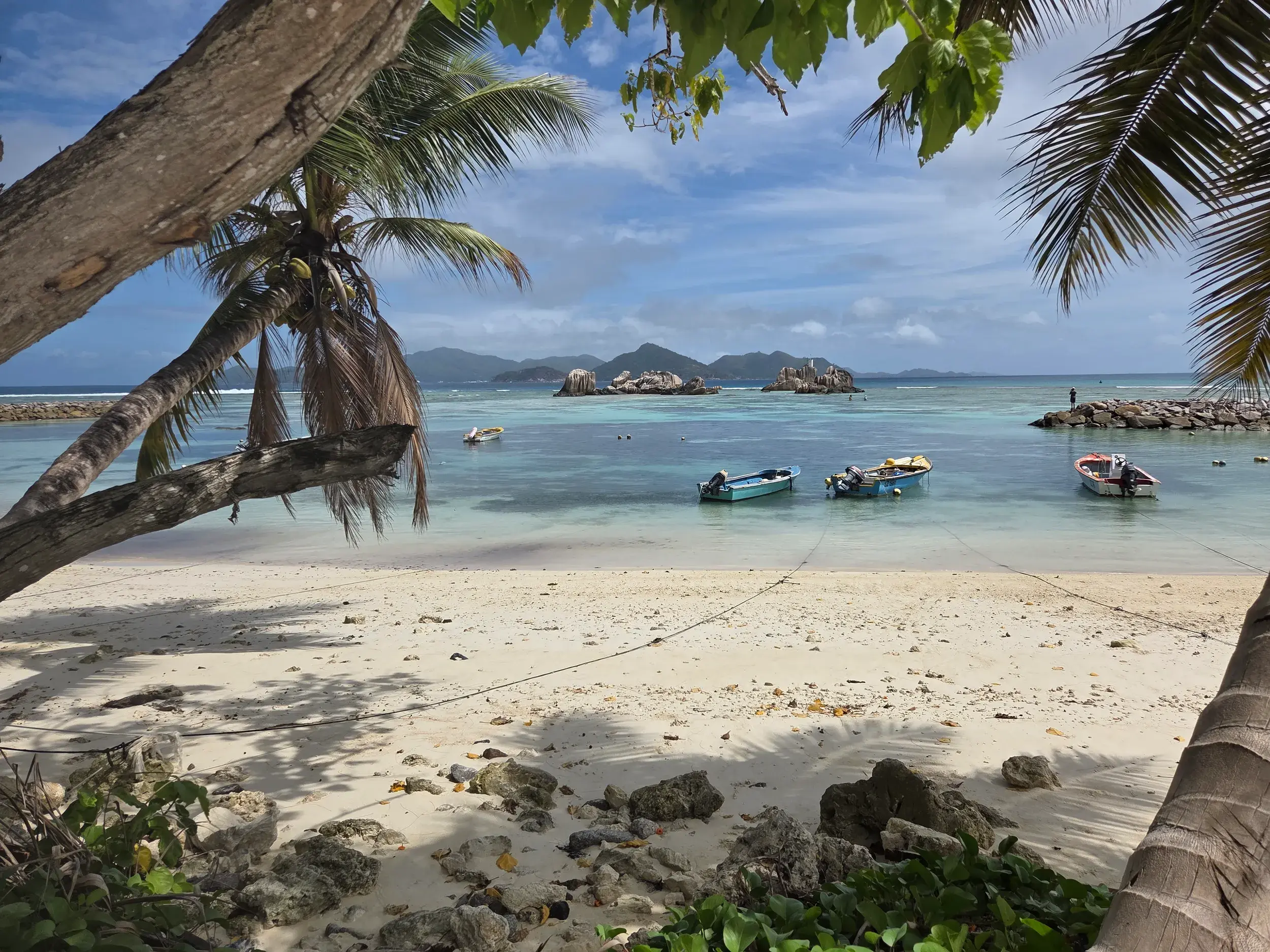 Idyllische Bucht auf der Seychellen-Insel La Digue mit weißem Sandstrand, Palmen und kleinen Booten im türkisfarbenen Meer.