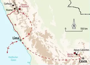 Karte der Reiseroute für die Wanderreise in Peru von Lima in die Cordillera Blanca und weiter nach Cusco zu Machu Picchu.