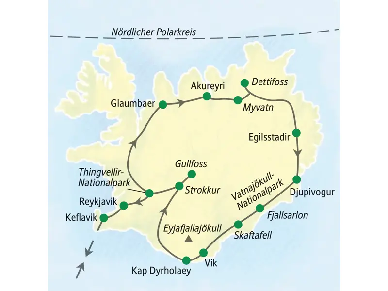 Karte der Studiosus Rundreise in Island auf der Ringstraße von Reykjavik über Akureyri, Egilsstadir und Skaftafell zurück.