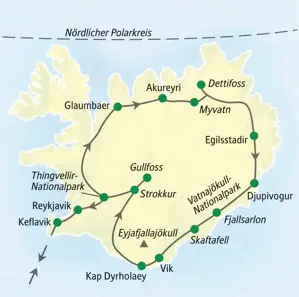 Karte der Studiosus Rundreise in Island auf der Ringstraße von Reykjavik über Akureyri, Egilsstadir und Skaftafell zurück.