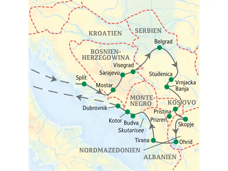 Karte der Studiosus Studienreise durch den Balkan: Route von Split über Sarajevo, Belgrad, Skopje, Tirana bis nach Dubrovnik.