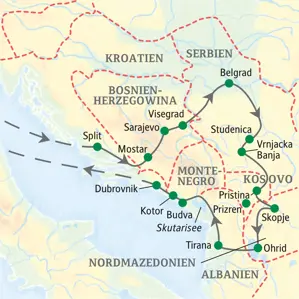 Karte der Studiosus Studienreise durch den Balkan: Route von Split über Sarajevo, Belgrad, Skopje, Tirana bis nach Dubrovnik.