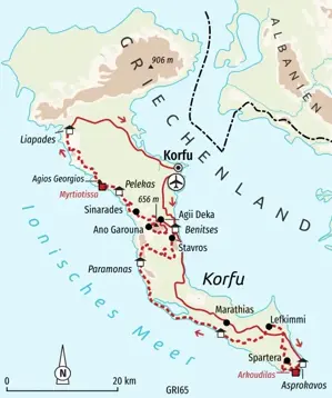 Landkarte der Trekkingreise auf dem Korfu-Trail von Asprokavos über Marathias, Benitses und Pelekas nach Liapades.