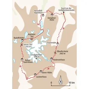 Karte der Glocknerrunde: Route der Hüttenwanderung vom Kesselfall Alpenhaus über Rudolfshütte, Glorer Hütte und zurück.