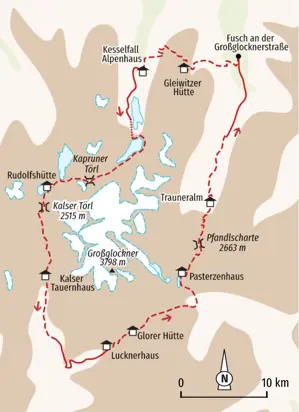 Karte der Glocknerrunde: Route der Hüttenwanderung vom Kesselfall Alpenhaus über Rudolfshütte, Glorer Hütte und zurück.