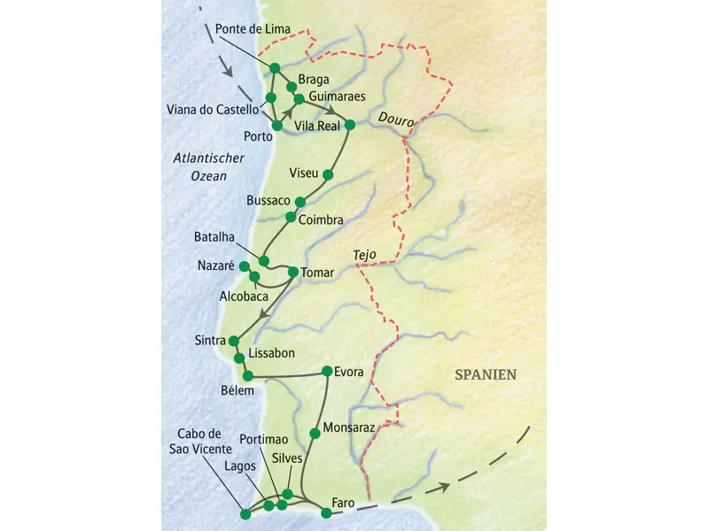 Karte der Studiosus Studienreise durch Portugal. Die Route führt von Porto über Lissabon und Évora bis nach Faro an der Algarve.