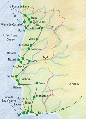 Karte der Studiosus Studienreise durch Portugal. Die Route führt von Porto über Lissabon und Évora bis nach Faro an der Algarve.