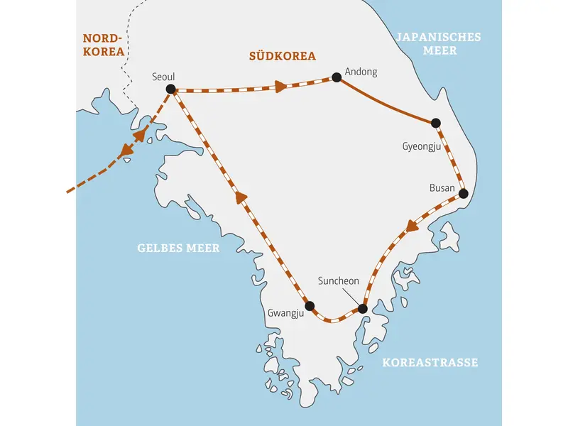 Karte der geführten Rundreise in Südkorea. Die Route führt von Seoul über Andong, Gyeongju, Busan und Gwangju zurück nach Seoul.
