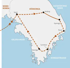 Karte der geführten Rundreise in Südkorea. Die Route führt von Seoul über Andong, Gyeongju, Busan und Gwangju zurück nach Seoul.