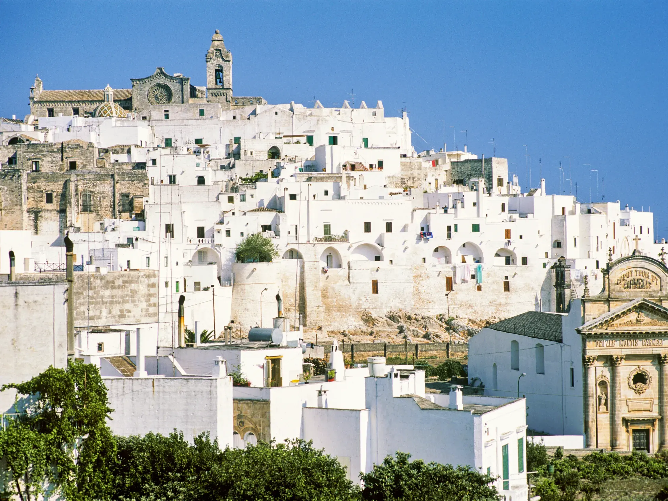 Die weißen Häuser der Altstadt von Ostuni in Apulien mit der Kathedrale auf dem Hügel unter strahlend blauem Himmel.