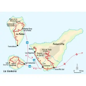 Karte der Wanderreise auf den Kanaren: Die Route führt von La Gomera über La Palma mit der Caldera de Taburiente zum Teide auf Teneriffa.