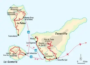 Karte der Wanderreise auf den Kanaren: Die Route führt von La Gomera über La Palma mit der Caldera de Taburiente zum Teide auf Teneriffa.