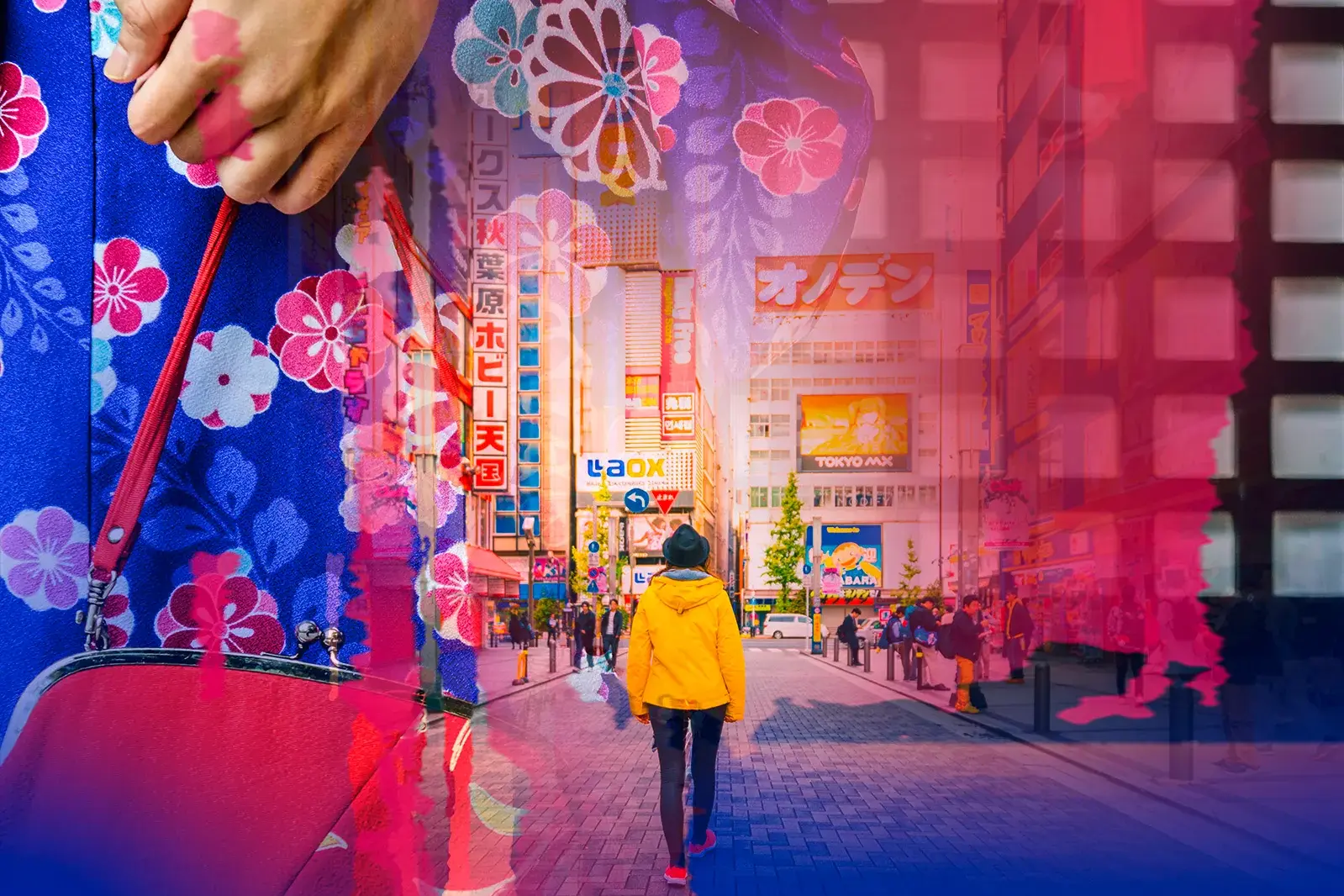 Der Kontrast Japans: Detailaufnahme eines Kimonos über der belebten, modernen Straße des Akihabara-Viertels in Tokio.