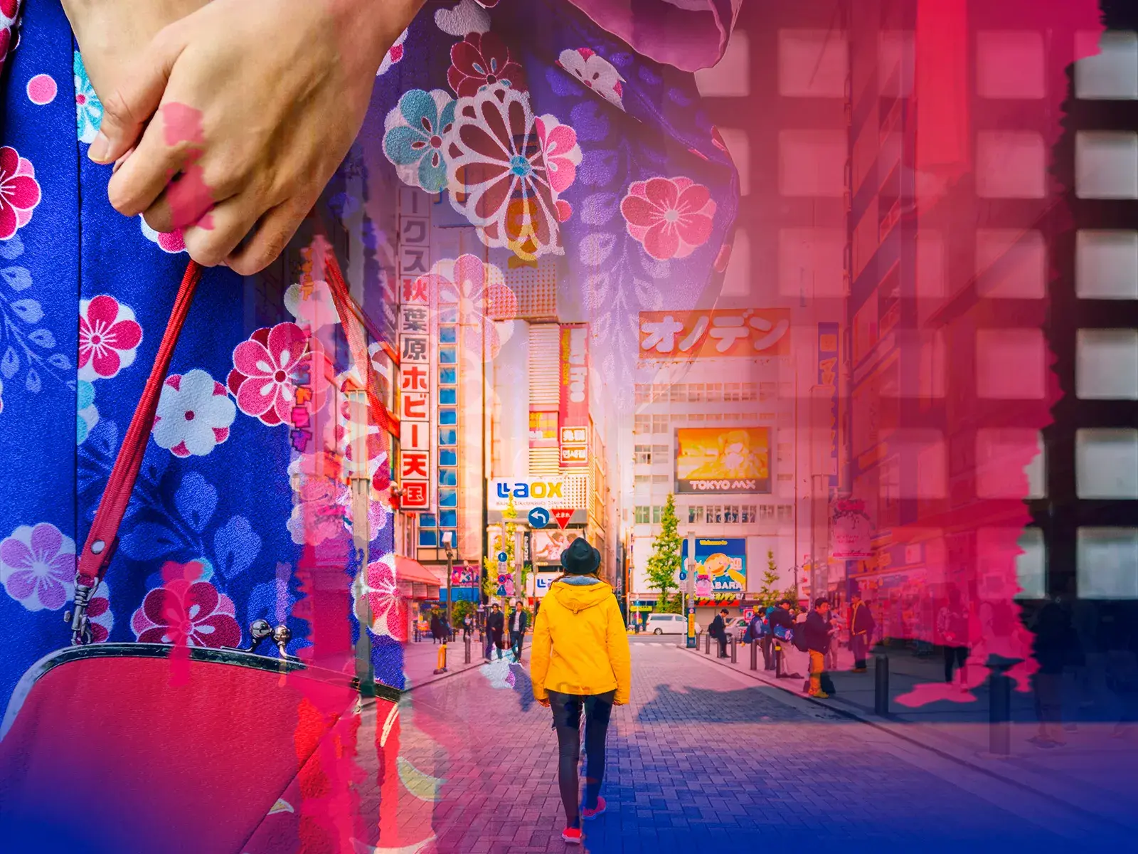 Der Kontrast Japans: Detailaufnahme eines Kimonos über der belebten, modernen Straße des Akihabara-Viertels in Tokio.