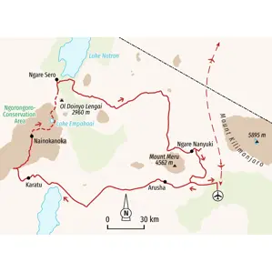 Karte unserer Trekkingreise in Tansania, die von Arusha durch den Ngorongoro-Krater zum Lake Natron und zurück führt.